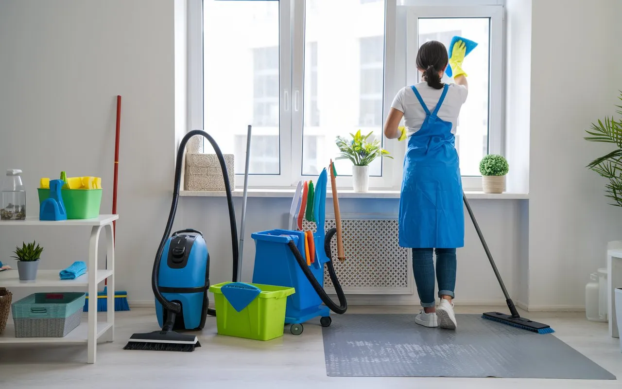 Professional cleaner working in a bright kitchen